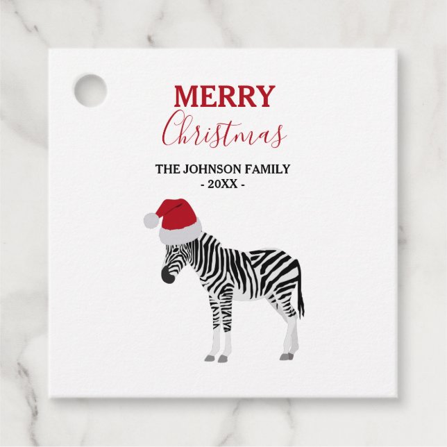 Jul Zebra Funny Animal med Santa Hat Gåvor Etiketter (Framsida)