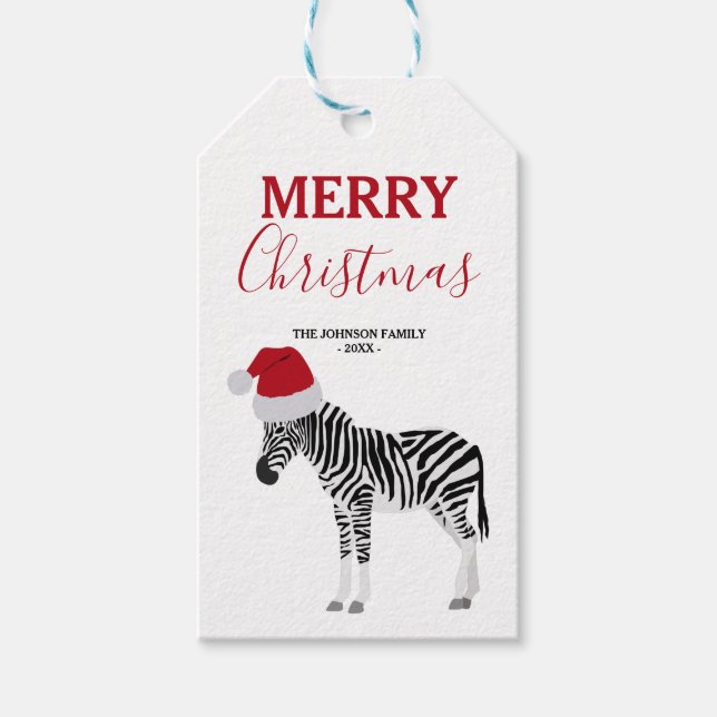 Jul Zebra Funny Animal med Santa Hat Presentetikett (Framsidan)