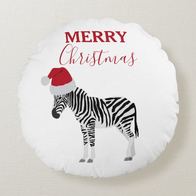 Jul Zebra Funny Animal med Santa Hat Rund Kudde (Framsidan)