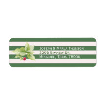 Juladressetiketter med randigt mönster och järnek