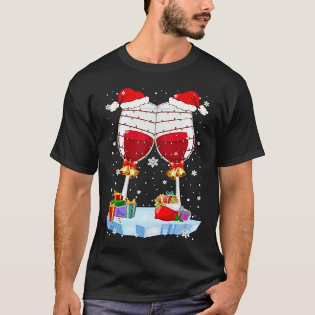 Julafton 2 Vin Glass Julafton Light Santa Hat Vin  T Shirt (Framsida)