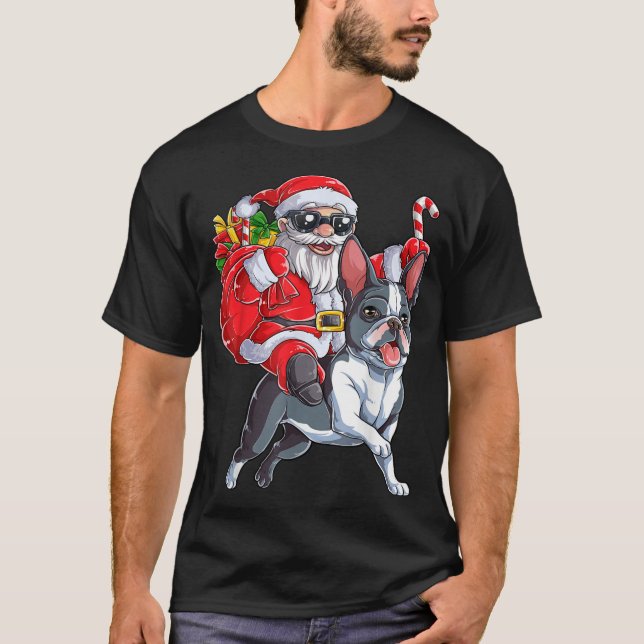 Julafton B. Jultomten Riding Boston Terrier B T Shirt (Framsida)