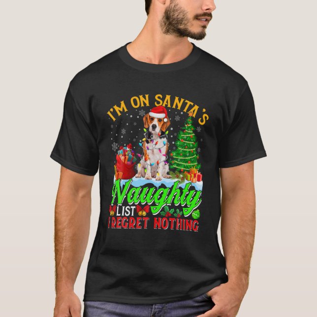 Julafton Beagle Hund på Santa's Naughty Funny List T Shirt (Framsida)