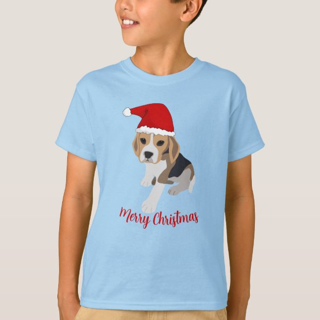JULAFTON BEAGLE PUPPY HUND IN RED SANTA HAT CHRIST T SHIRT (Framsida)