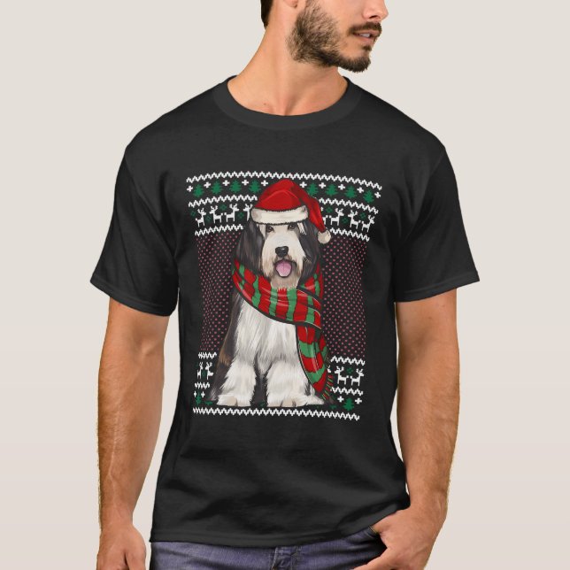 Julafton Bearded Collie Hund Santa Hat Ugly jul T Shirt (Framsida)