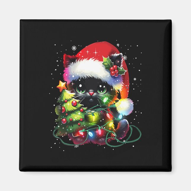 Julafton Black Cat Santa Hat snärjde upp i julklap Magnet (Framsidan)