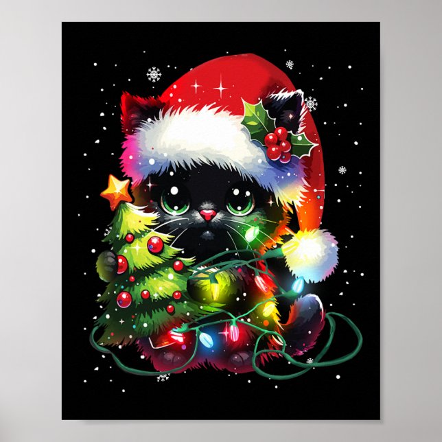 Julafton Black Cat Santa Hat snärjde upp i julklap Poster (Framsidan)