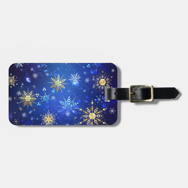 JULAFTON Blue Background med Golden Snöflingor Bagagebricka (Horisontell Framsida)