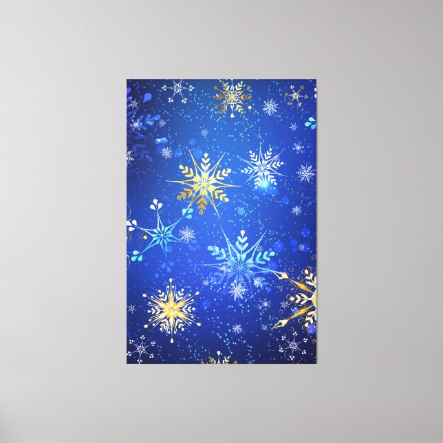 JULAFTON Blue Background med Golden Snöflingor Canvastryck (Framsida)