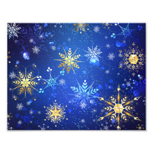 JULAFTON Blue Background med Golden Snöflingor Fototryck