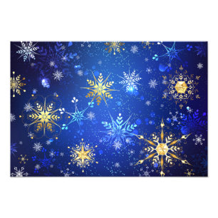 JULAFTON Blue Background med Golden Snöflingor Fototryck