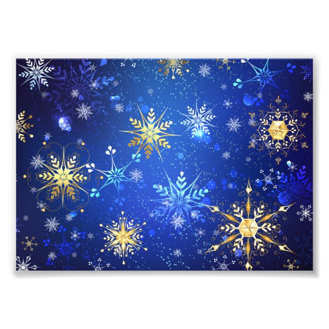 JULAFTON Blue Background med Golden Snöflingor Fototryck (Framsidan)