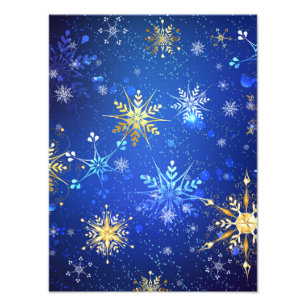 JULAFTON Blue Background med Golden Snöflingor Fototryck