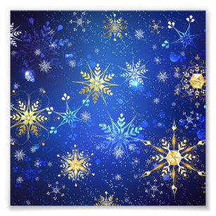 JULAFTON Blue Background med Golden Snöflingor Fototryck