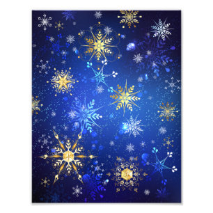 JULAFTON Blue Background med Golden Snöflingor Fototryck