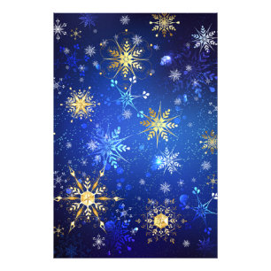 JULAFTON Blue Background med Golden Snöflingor Fototryck