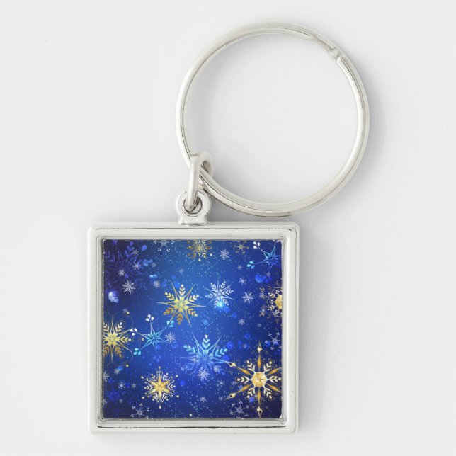 JULAFTON Blue Background med Golden Snöflingor Fyrkantig Silverfärgad Nyckelring (Framsidan)