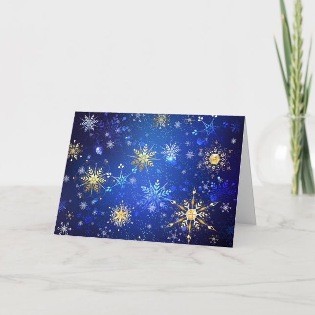 JULAFTON Blue Background med Golden Snöflingor Helgkort (Framsida)