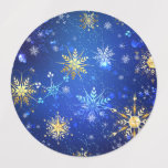 JULAFTON Blue Background med Golden Snöflingor Klistermärke<br><div class="desc">Blå julbakgrund med guld och vitt smycke snöflingor. Golden snöflingor. JULAFTON.</div>