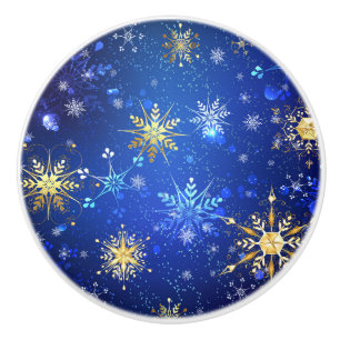 JULAFTON Blue Background med Golden Snöflingor Knopp