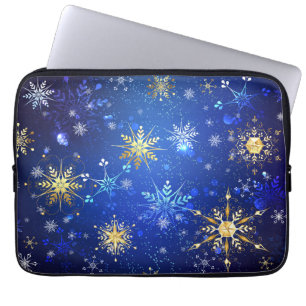 JULAFTON Blue Background med Golden Snöflingor Laptop Fodral