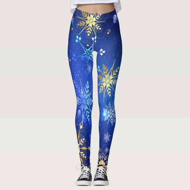 JULAFTON Blue Background med Golden Snöflingor Leggings (Framsida)