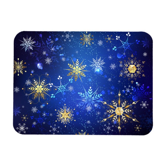 JULAFTON Blue Background med Golden Snöflingor Magnet (Horisontell)