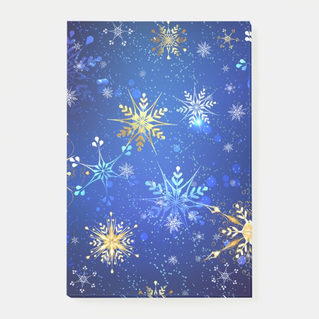 JULAFTON Blue Background med Golden Snöflingor Post-it Block (Framsida)