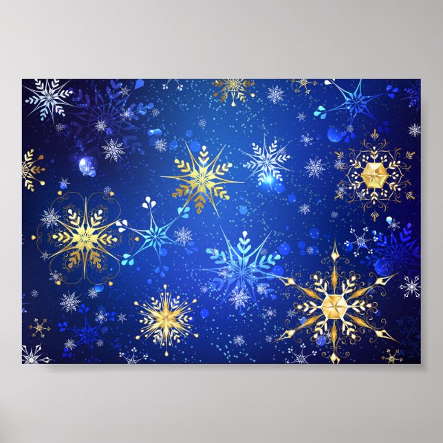 JULAFTON Blue Background med Golden Snöflingor Poster (Framsidan)