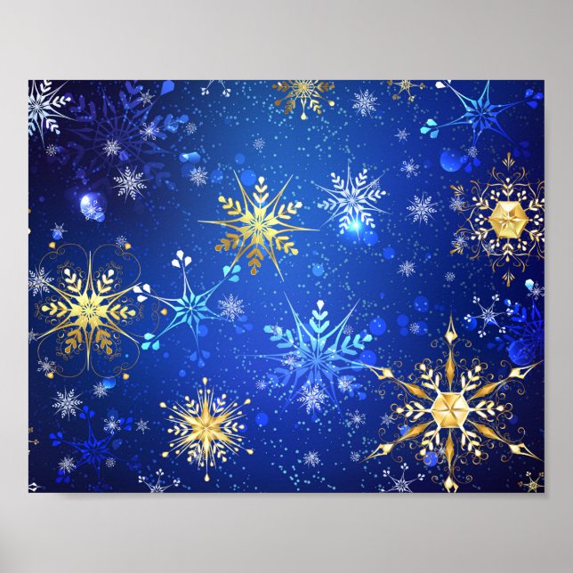 JULAFTON Blue Background med Golden Snöflingor Poster (Framsidan)