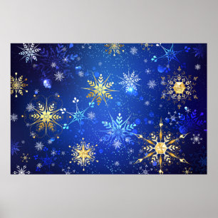 JULAFTON Blue Background med Golden Snöflingor Poster