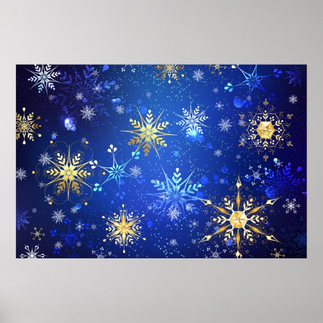 JULAFTON Blue Background med Golden Snöflingor Poster (Framsidan)
