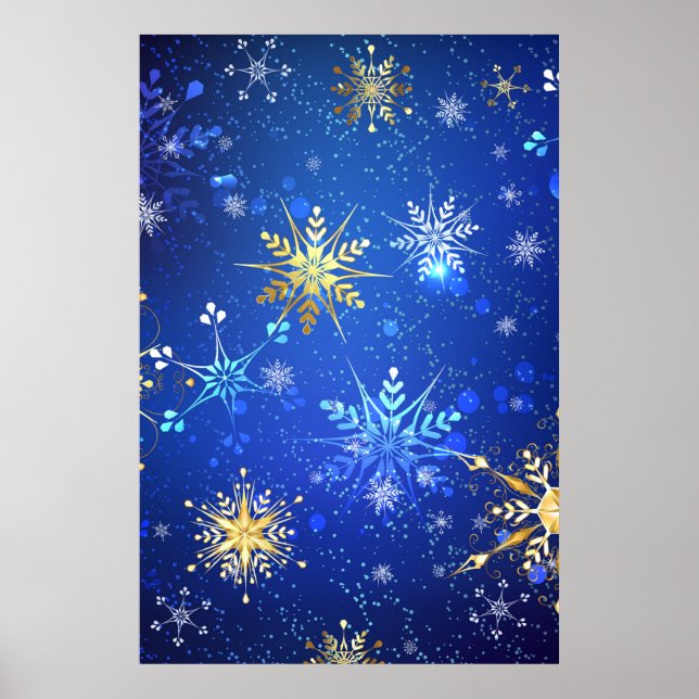 JULAFTON Blue Background med Golden Snöflingor Poster (Framsidan)