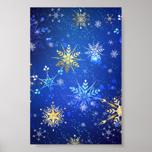 JULAFTON Blue Background med Golden Snöflingor Poster
