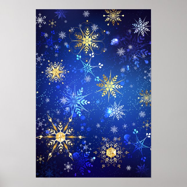 JULAFTON Blue Background med Golden Snöflingor Poster (Framsidan)