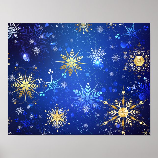 JULAFTON Blue Background med Golden Snöflingor Poster (Framsidan)