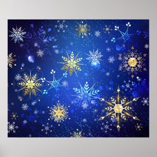 JULAFTON Blue Background med Golden Snöflingor Poster