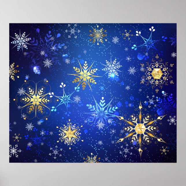 JULAFTON Blue Background med Golden Snöflingor Poster (Framsidan)
