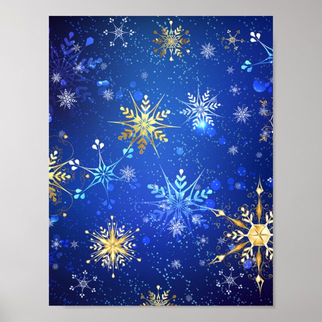 JULAFTON Blue Background med Golden Snöflingor Poster (Framsidan)