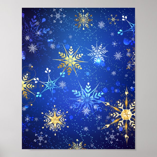 JULAFTON Blue Background med Golden Snöflingor Poster (Framsidan)