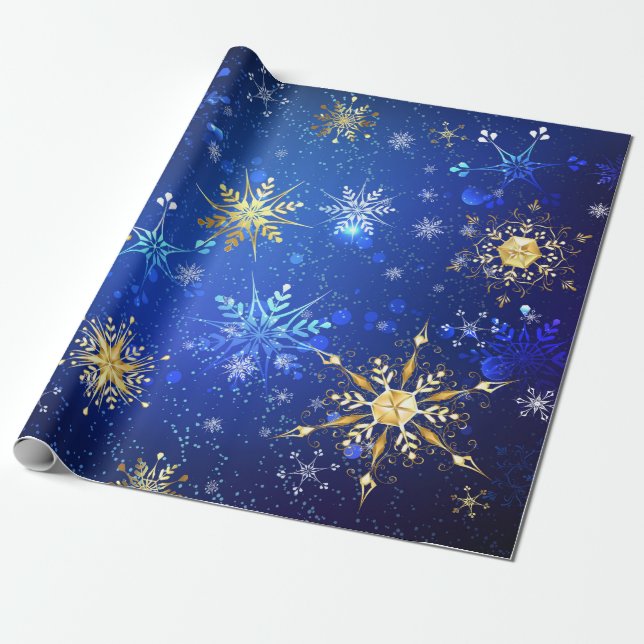 JULAFTON Blue Background med Golden Snöflingor Presentpapper (Utrullad)