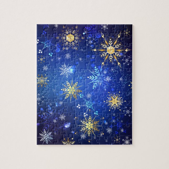 JULAFTON Blue Background med Golden Snöflingor Pussel (Vertikal)
