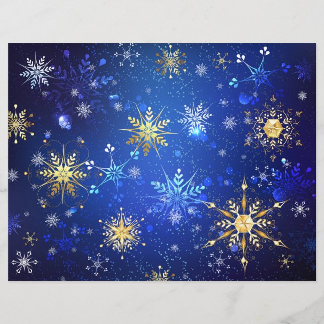 JULAFTON Blue Background med Golden Snöflingor Reklamblad (Framsidan)