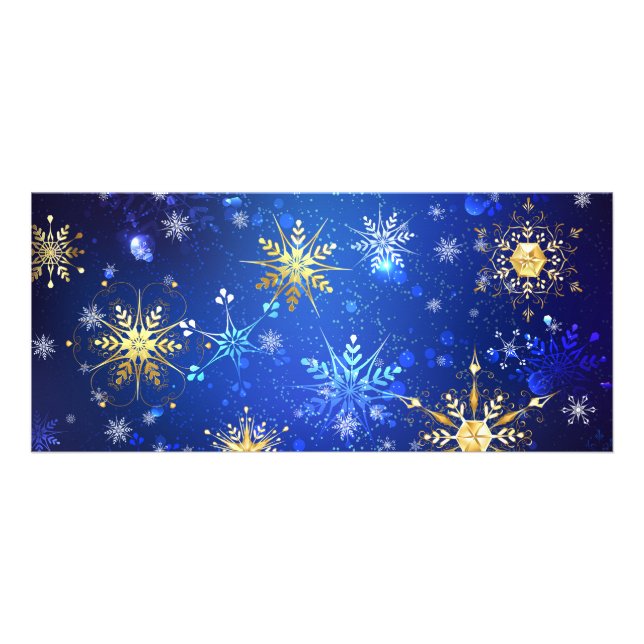 JULAFTON Blue Background med Golden Snöflingor Reklamkort (Framsidan)