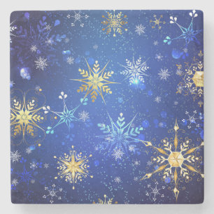 JULAFTON Blue Background med Golden Snöflingor Stenunderlägg