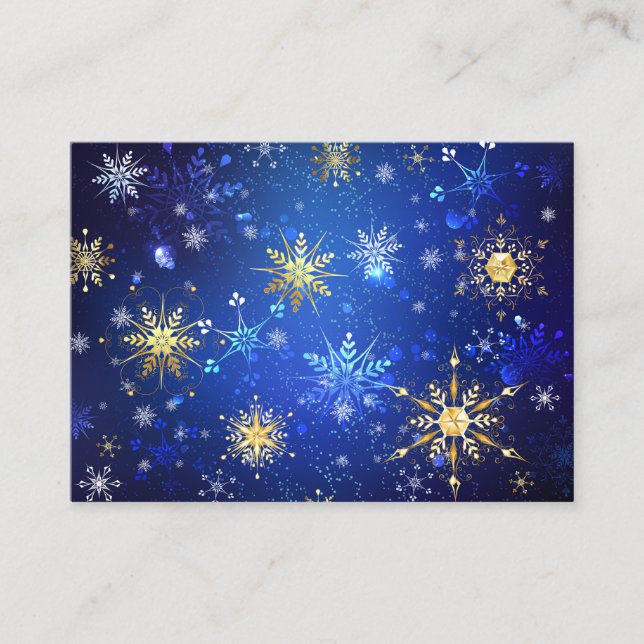 JULAFTON Blue Background med Golden Snöflingor Visitkort (Framsida)