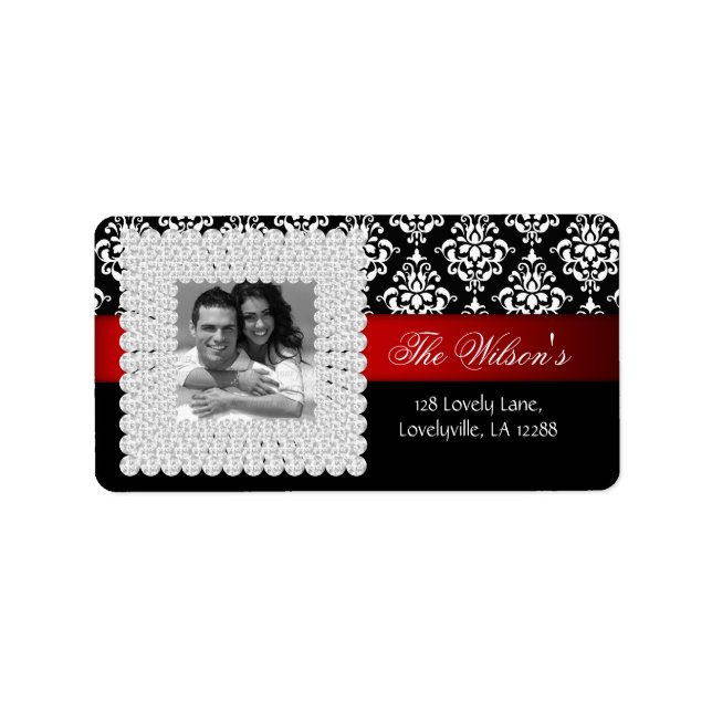 Julafton Damask Wedle Jewel Black White Adressetikett (Framsidan)