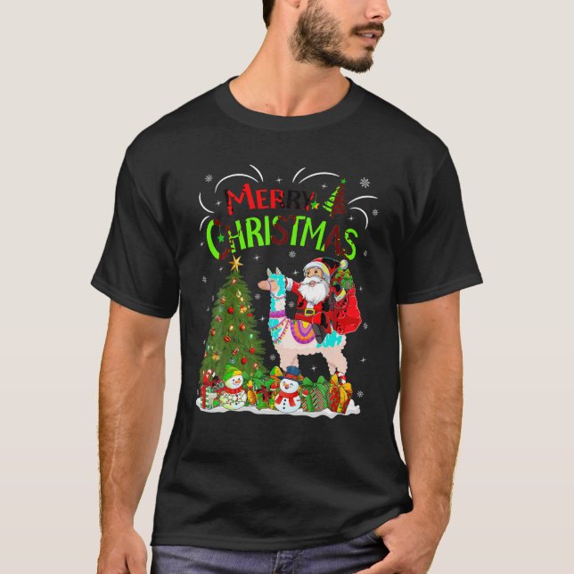 Julafton Dekoration Ljus Santa Riding Alpaca Krist T Shirt (Framsida)