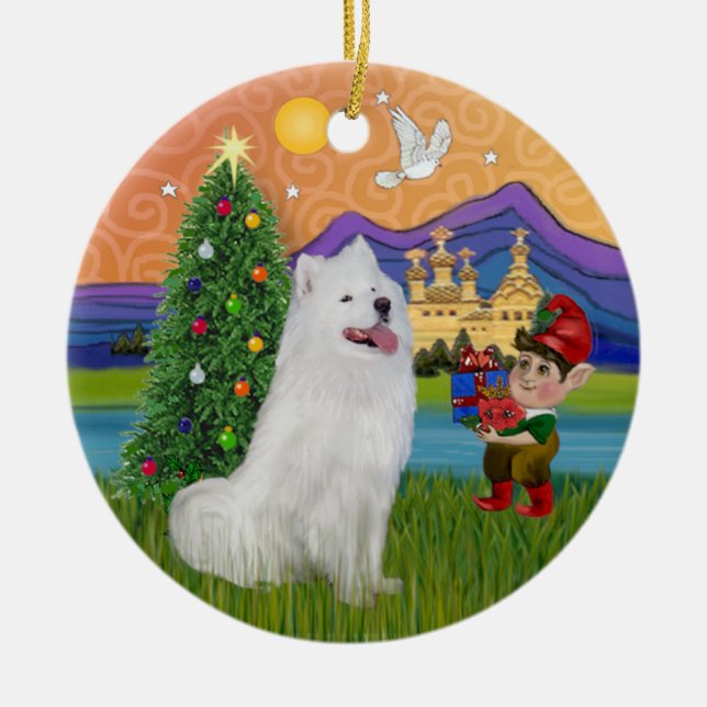 Julafton Fantasy - Samoyed Julgransprydnad Keramik (Framsidan)
