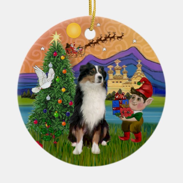 Julafton Fantasy - Tri Australian shepherd Julgransprydnad Keramik (Framsidan)